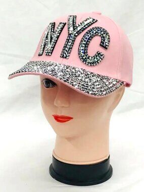 Women Fashion NYC Rhinestones Bling Bling Studs Cotton Baseball Cap - Pink